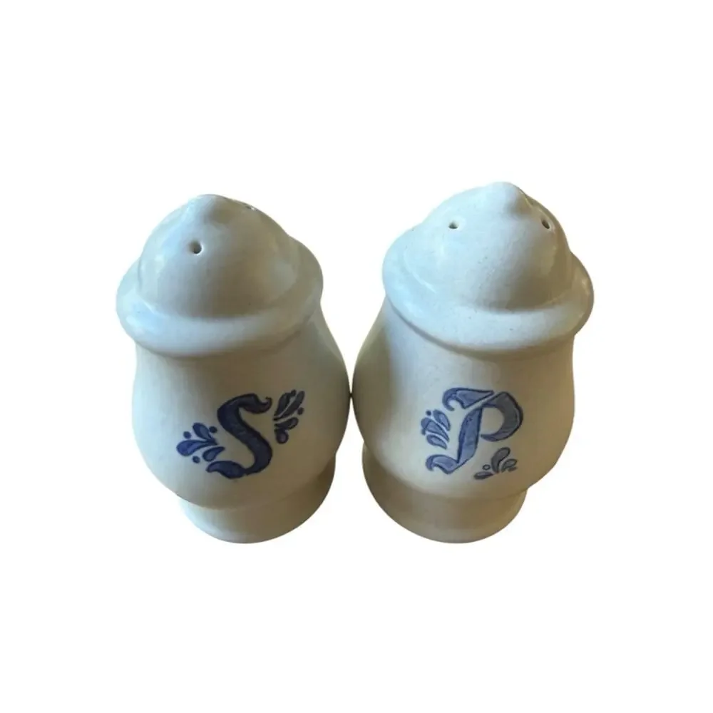 Vintage Stoneware Salt & Pepper Shakers Blue Monogram S P Farmhouse